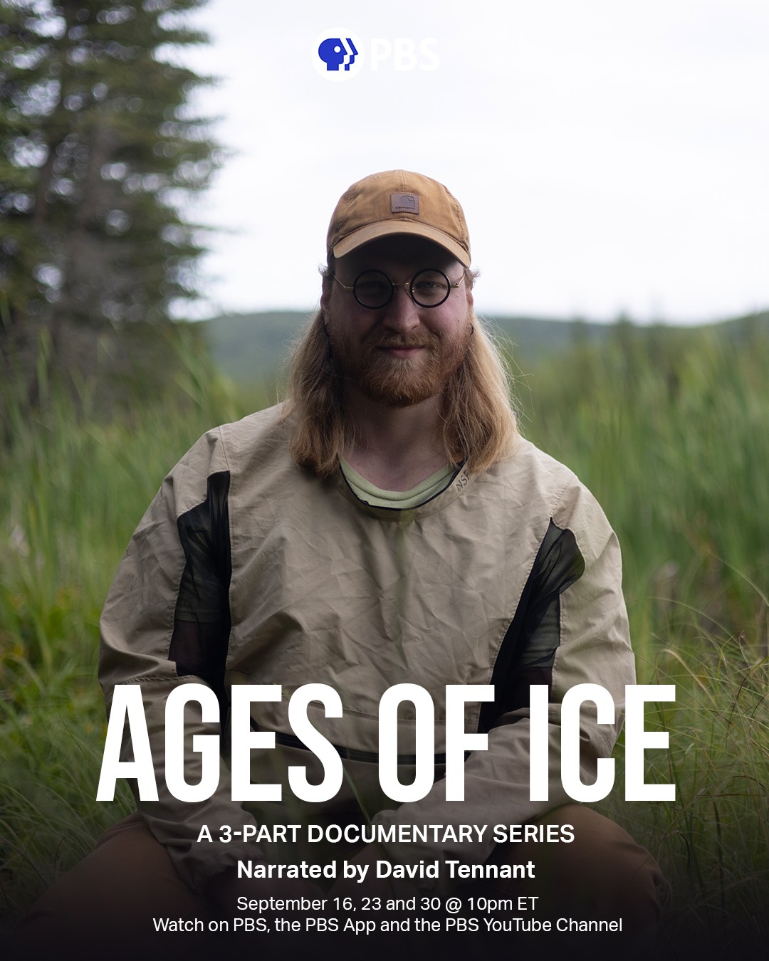 Kevin Rozmiarek in the field on the PBS Ages of Ice poster